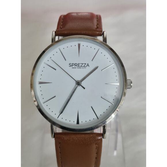 Very Nice Mens Sprezza Thin Quartz Watch Leather Band New Battery Running - Picture 1 of 9